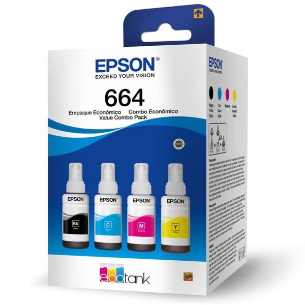 Kit com 4 Garrafas Tinta Epson 664 (Preto, Ciano, Magenta, Amarelo)