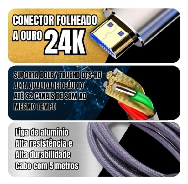Cabo HDMI 8k Ultra HD 2.1 PS5 Xbox Blu-ray Projetor 5 Metros MHD-8005 - Imagem 3