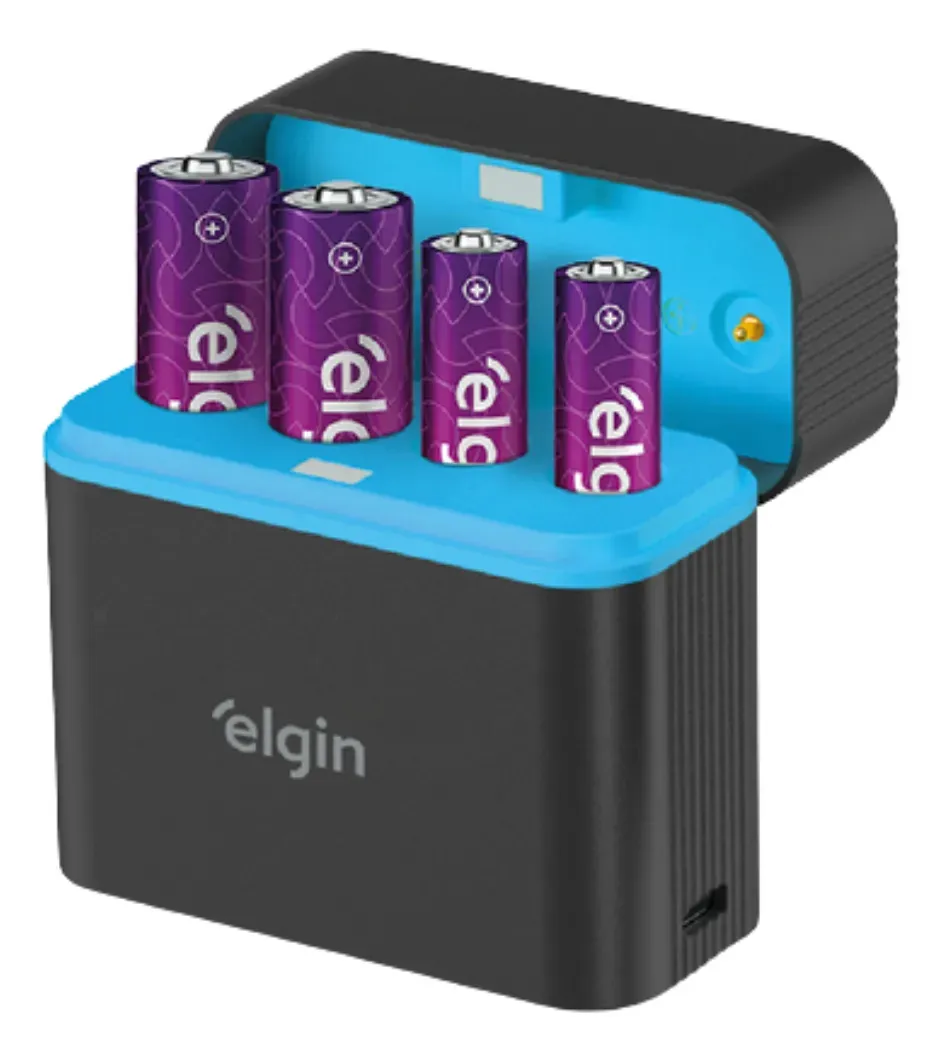 Carregador Box Inteligente Elgin Tipo C C/ 4 Pilhas Aa+aaa