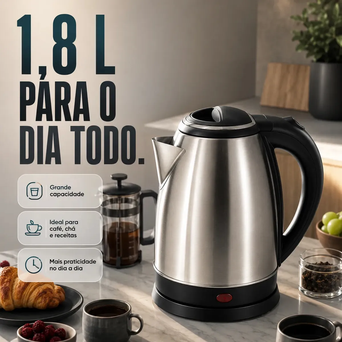 Chaleira Elétrica 1000w 1,8 Litros Aço Inox 127V - Imagem 3