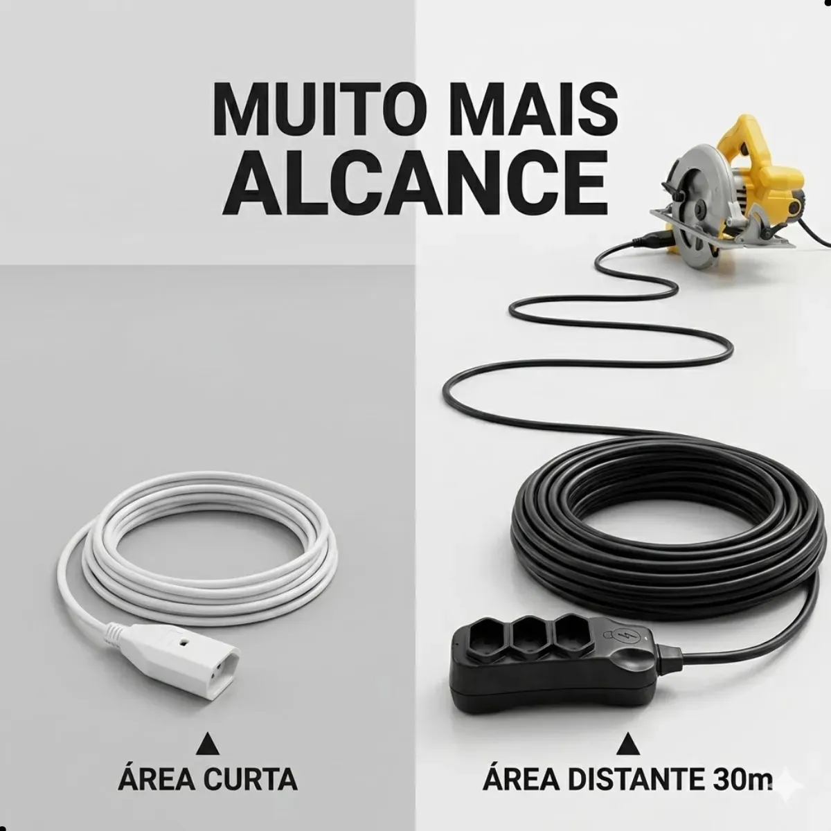 Extensão Elétrica 30 Metros Reforçada 3 Tomadas Cabo Resistente 10a 20a Bivolt - Imagem 3