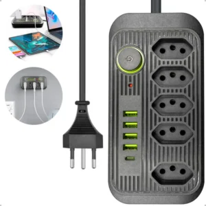 Extensão Régua Anti Chamas 5 Tomadas 4 USB 1 USB-C 2m Bivolt 2500W