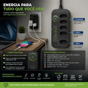 Extensão Régua Anti Chamas 5 Tomadas 4 USB 1 USB-C 2m Bivolt 2500W